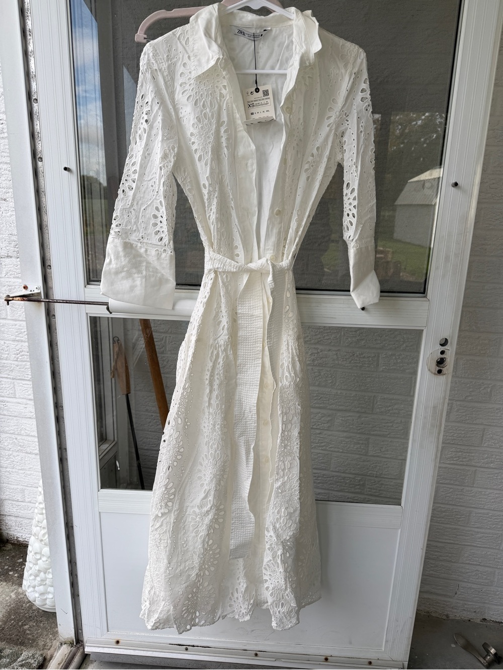 ZARA White Eyelet Maxi Shirt Dress with Tie Waist